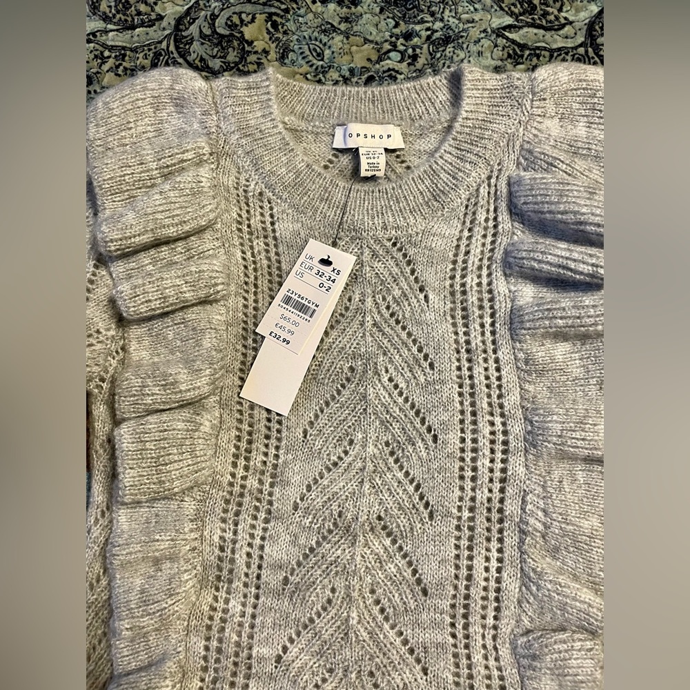 ASOS Topshop Ruffle Pointelle Crewneck Cropped Sweater, Light Gray - Picture 9 of 12
